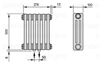 Схема (чертеж) Радиатор Zehnder Charleston 3050/6 №3470 Белый глянцевый RAL 9016